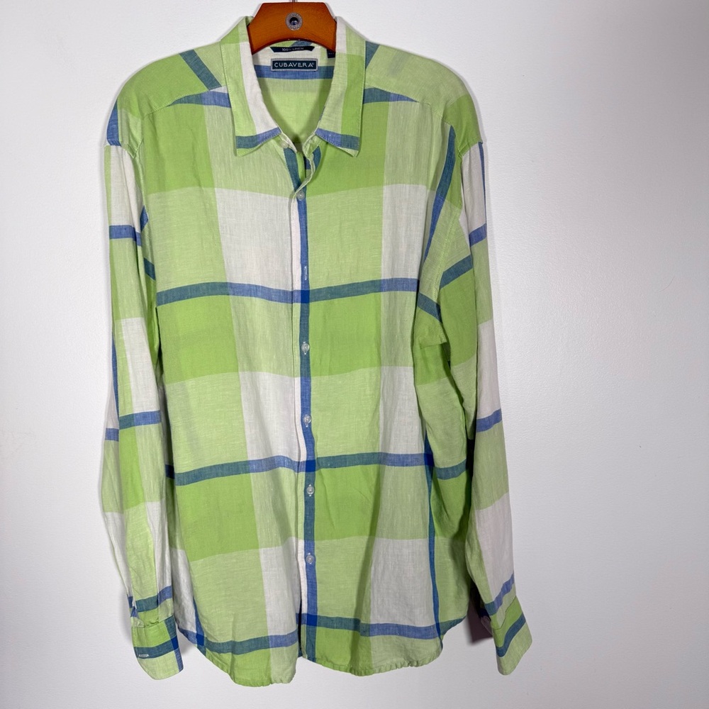 Cubavera Men's 100% Linen Button Up Top Green Plaid Casual Long Sleeve XL